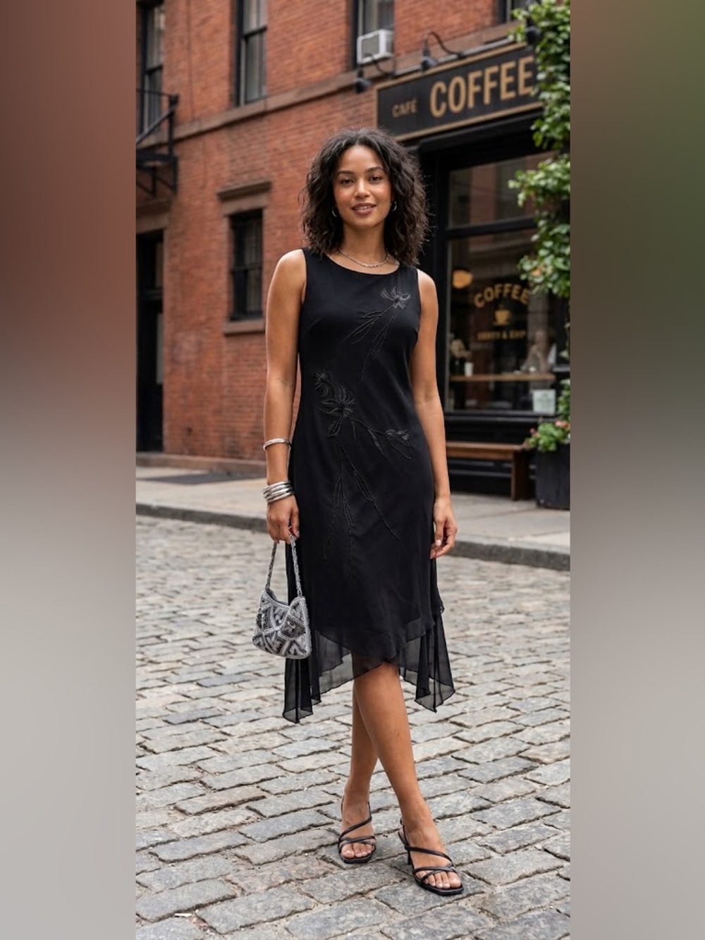Jeri-Mo Y2K Black Dress Floral Print Beaded